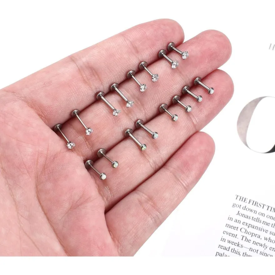 Adramata 2Pcs G23 Titan Labret Piercing mit flacher Rückseite, CZ & Opal, für