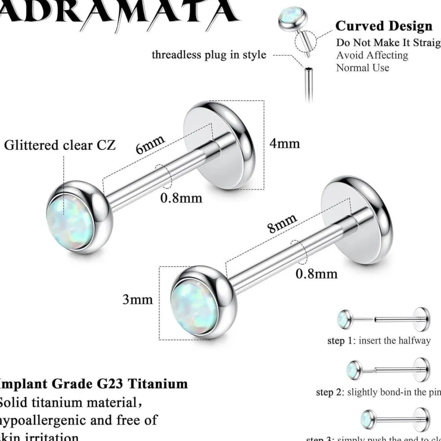Adramata 2Pcs G23 Titan Labret Piercing mit flacher Rückseite, CZ & Opal, für