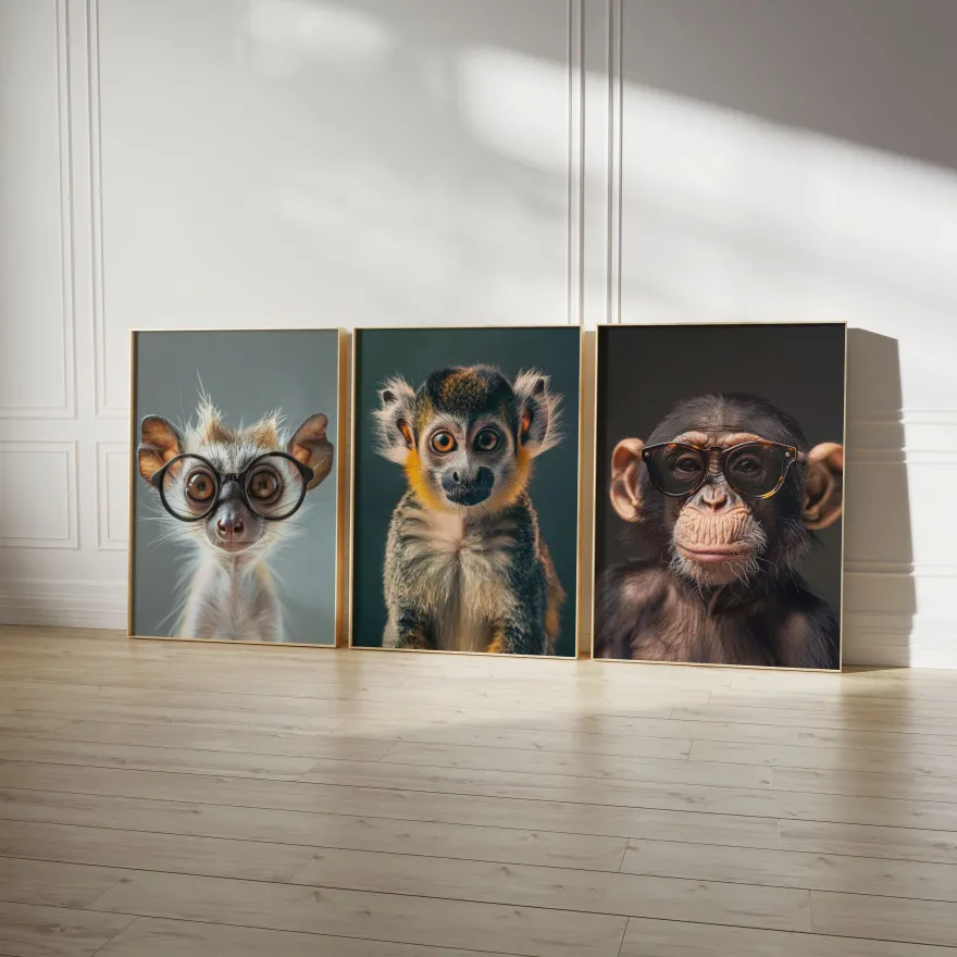 Affen Poster · Geschenkidee · Schimpanse und Affe mit Brille · Dekoprint ohne