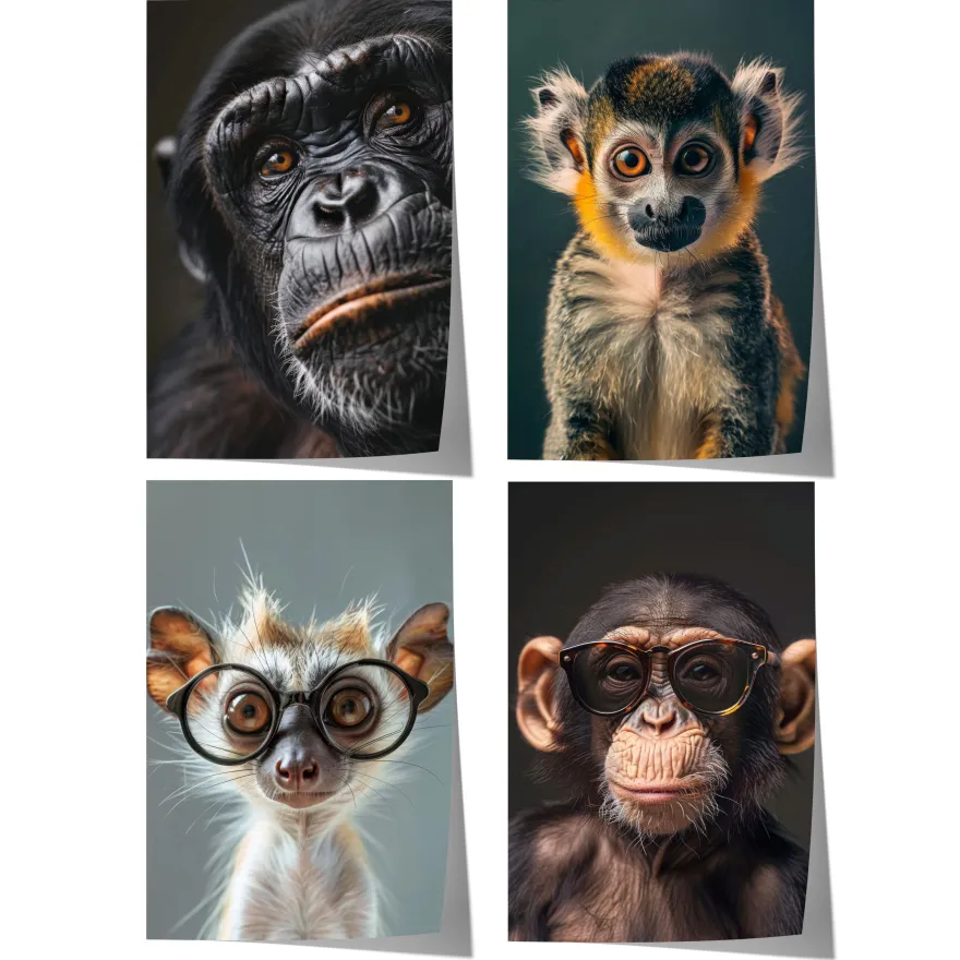 Affen Poster · Geschenkidee · Schimpanse und Affe mit Brille · Dekoprint ohne
