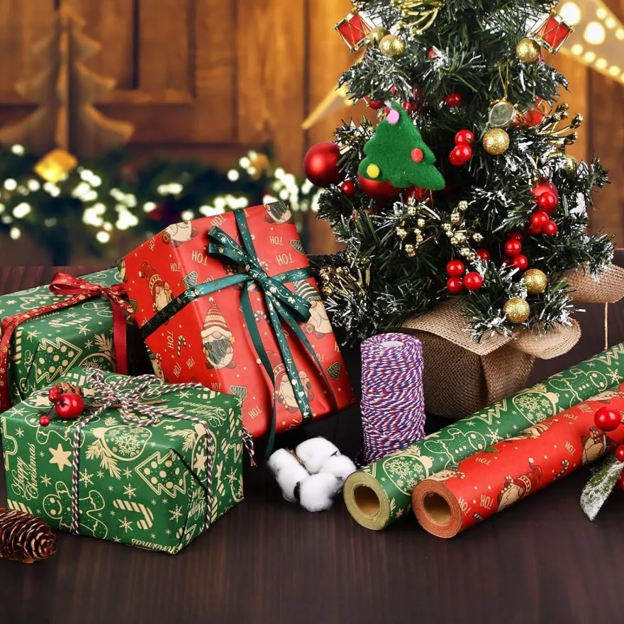 AhfuLife 2 Rollen Weihnachtsgeschenkpapier Set, 43cm x 15m Nature Kraftpapier