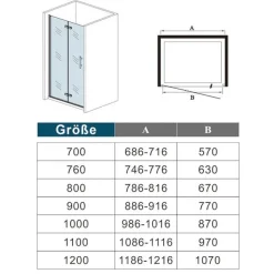 AICA 120 x 195cm Schwarz Drehfalttür Nischentür 6mm NANO GLAS