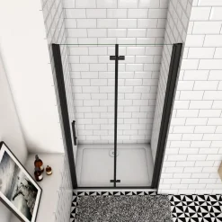 AICA 120 x 195cm Schwarz Drehfalttür Nischentür 6mm NANO GLAS