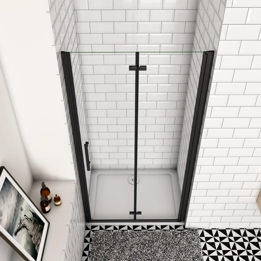 AICA 120 x 195cm Schwarz Drehfalttür Nischentür 6mm NANO GLAS