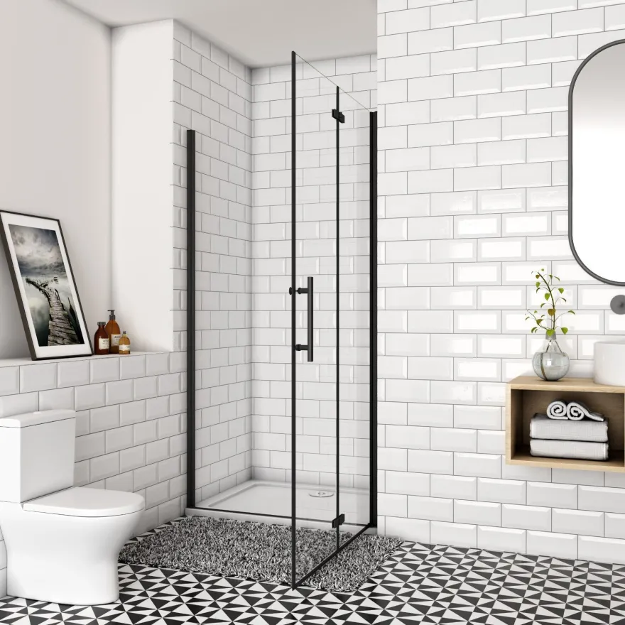 AICA 120 x 195cm Schwarz Drehfalttür Nischentür 6mm NANO GLAS