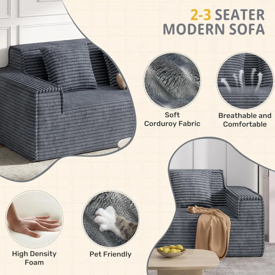 Aivermeil Boneless Couch Cord Sofa mit Schlaffunktion, 2-3 Sitzer, Grau, Keine