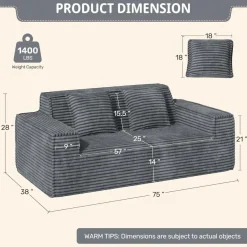 Aivermeil Boneless Couch Cord Sofa mit Schlaffunktion, 2-3 Sitzer, Grau, Keine