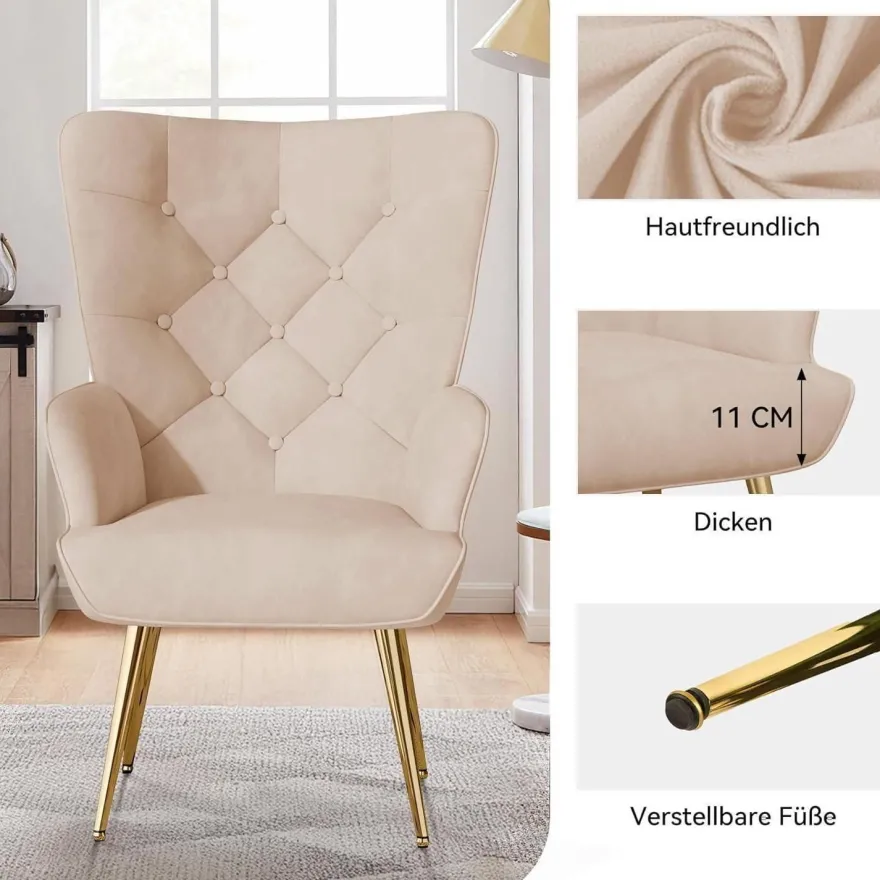 Aivermeil Loungesessel modern Relaxsessel aus Samt mit Metallfüßen, bis 150 KG
