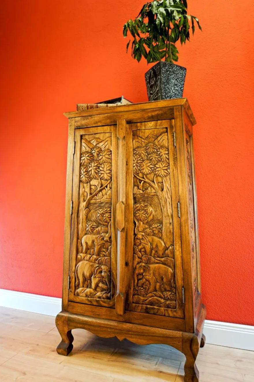 Akazie Massivholz Kommode CHANG I - Thailand Schnitzerei Schrank Holzschrank Thai