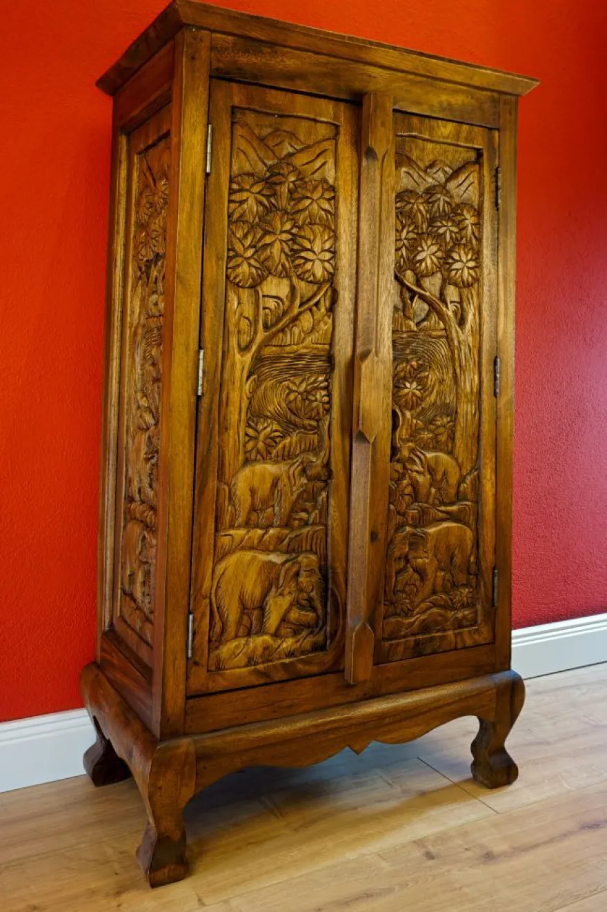 Akazie Massivholz Kommode CHANG I - Thailand Schnitzerei Schrank Holzschrank Thai
