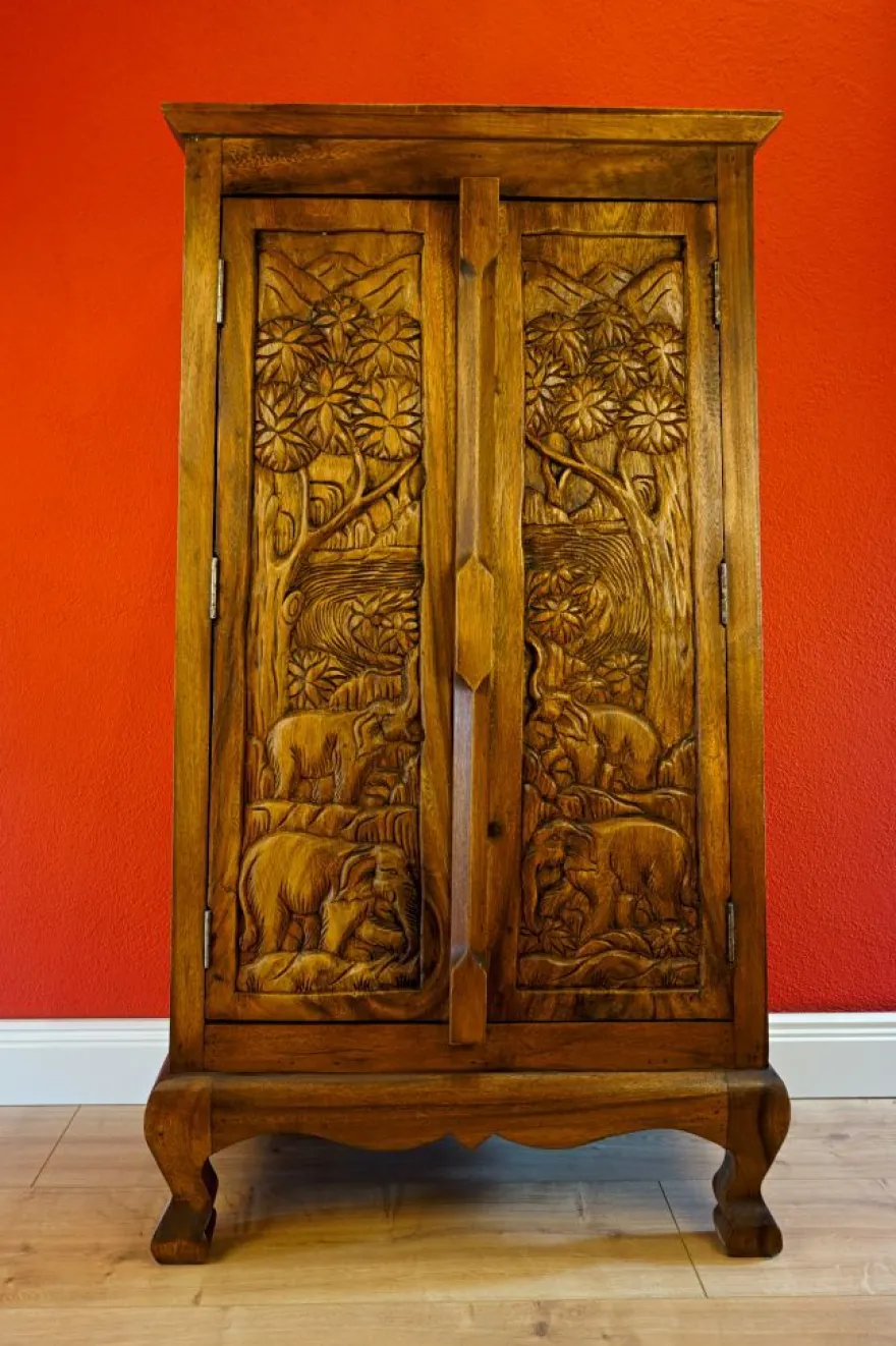 Akazie Massivholz Kommode CHANG I - Thailand Schnitzerei Schrank Holzschrank Thai