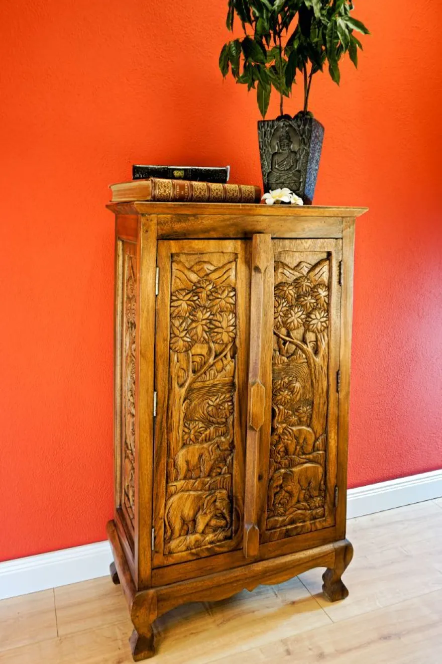 Akazie Massivholz Kommode CHANG I - Thailand Schnitzerei Schrank Holzschrank Thai
