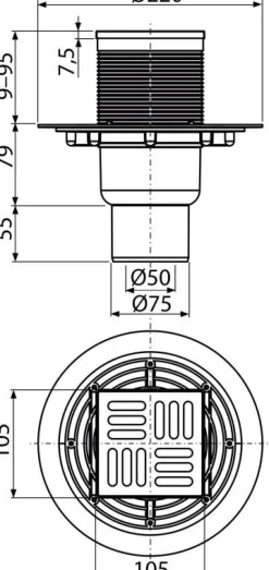 AlcaDrain Bodenablauf 105×105/50/75 mm mit einem senkrechten Abgang, Edelstahl Rost,