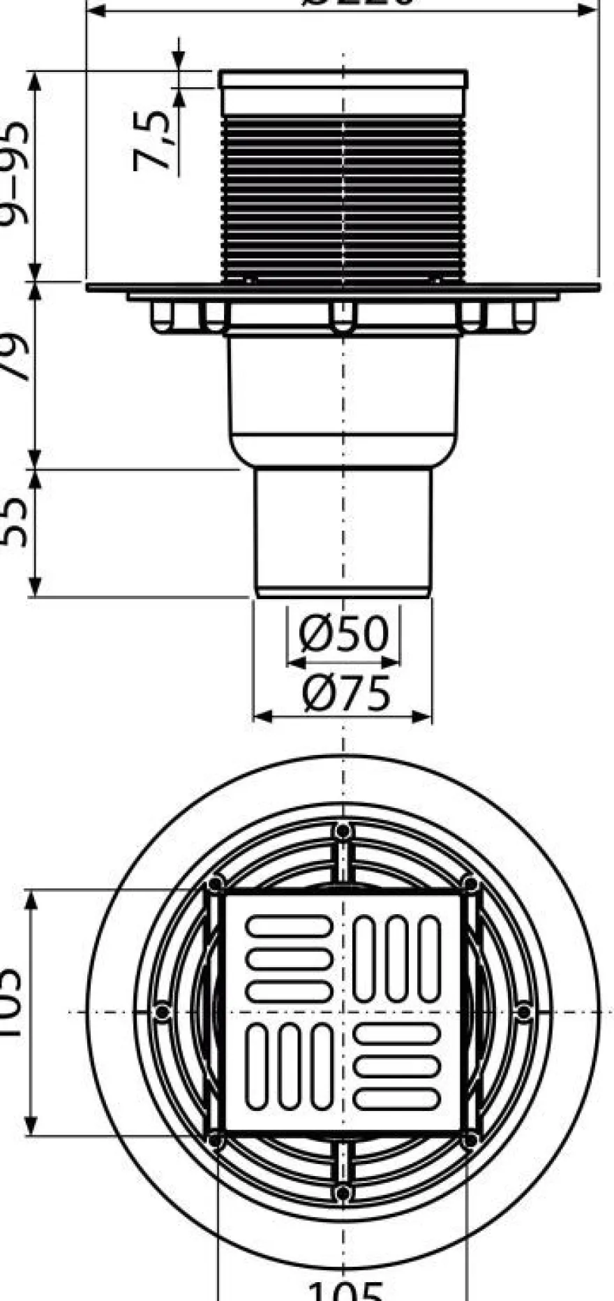 AlcaDrain Bodenablauf 105×105/50/75 mm mit einem senkrechten Abgang, Edelstahl Rost,