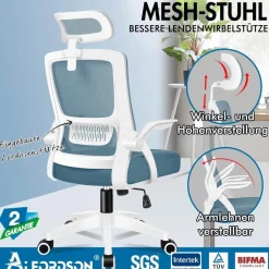 Alfordson Bürostuhl Lordosenstütze Premium Netzgewebe Blau