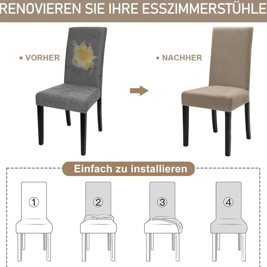 Alishomtll 6er Set Stretch Samt Stuhlhussen Khaki, Velvet/Velour Stuhlbezug für
