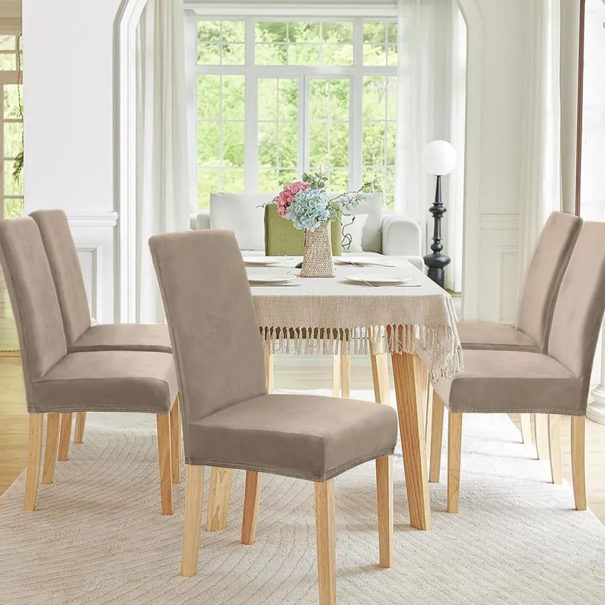 Alishomtll 6er Set Stretch Samt Stuhlhussen Khaki, Velvet/Velour Stuhlbezug für