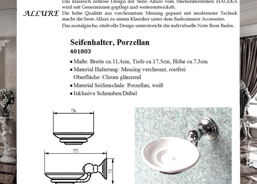 Allure Seifenschale mit Halterung Messing Verchromt mit Porzellan Schale
