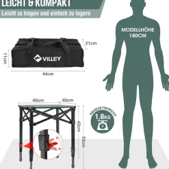 Aluminium Klapptisch mit Tragetasche für Camping und Picknick 40x40x53cm