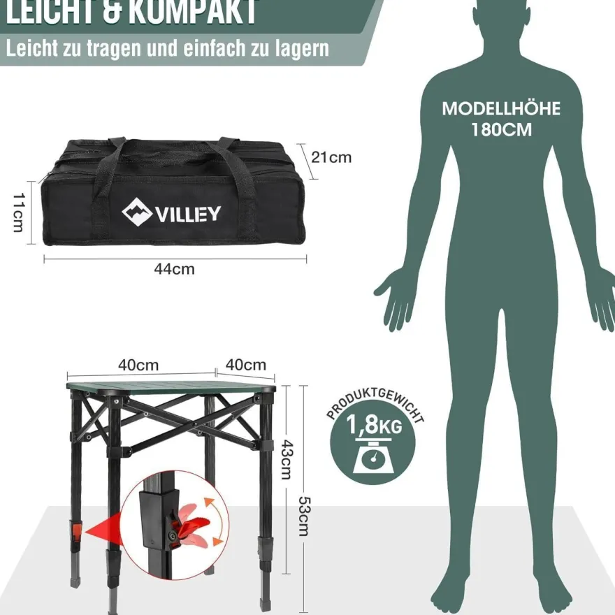 Aluminium Klapptisch mit Tragetasche für Camping und Picknick 40x40x53cm