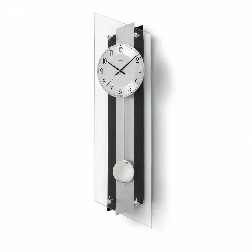 AMS F5262 Pendel-Funkwanduhr mit schwarzlackierter Holzrückwand