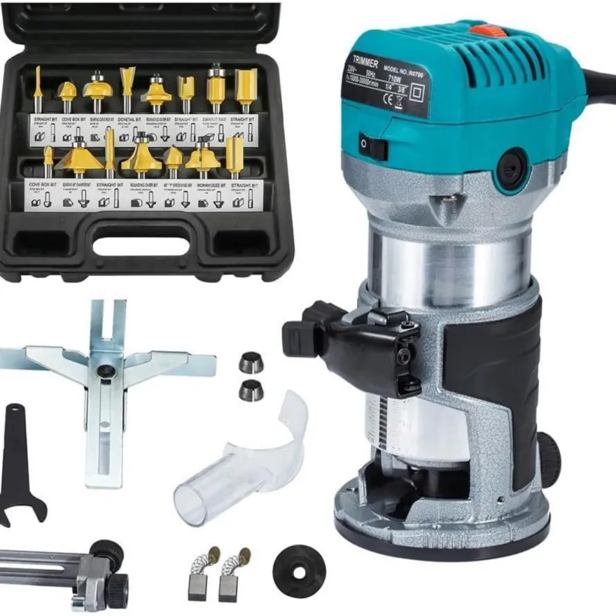 Anesty Oberfräse Trimmer 710W mit 15-tlg. Hartmetall Fräser Set, Kantenfräse