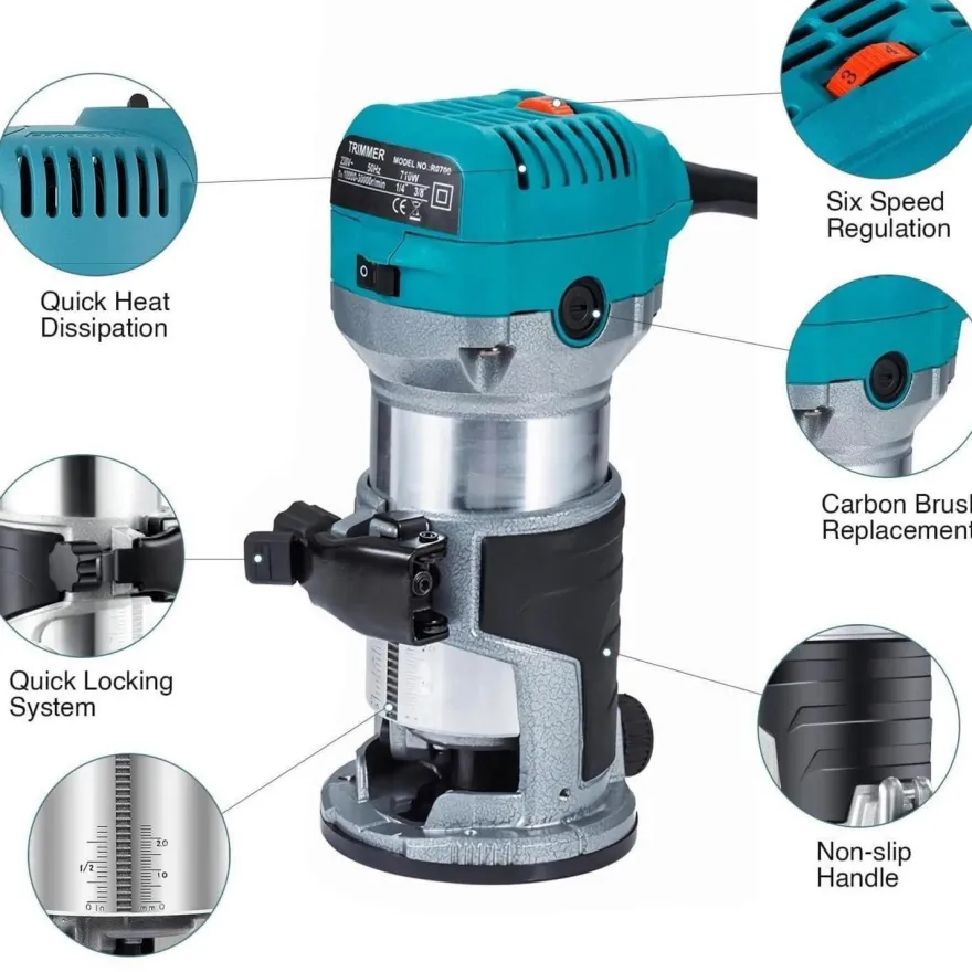 Anesty Oberfräse Trimmer 710W mit 15-tlg. Hartmetall Fräser Set, Kantenfräse