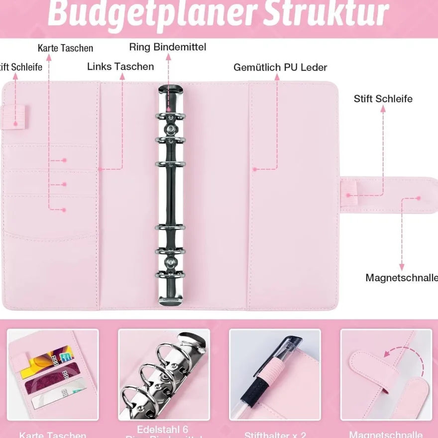 ANYUKE Budget Binder Deutsch mit Geldumschlägen Macaron Rosa