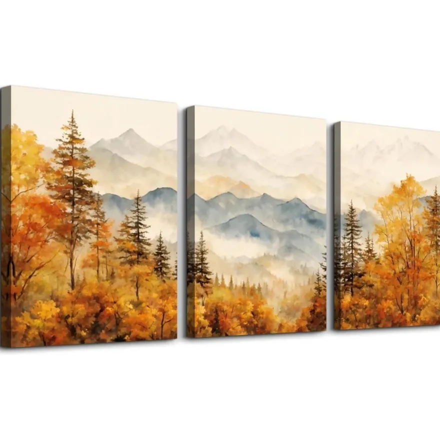 Aquarell Gold Wald Leinwand Bilder Set Wohnzimmer 30cm x 40cm x 3