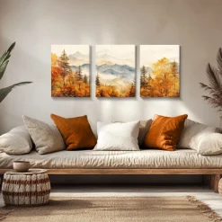Aquarell Gold Wald Leinwand Bilder Set Wohnzimmer 30cm x 40cm x 3