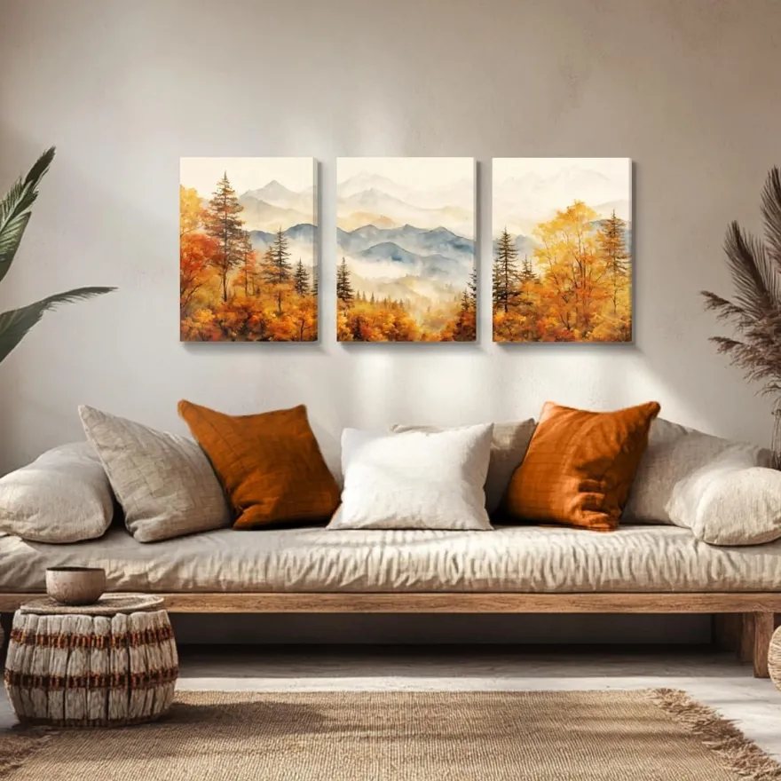 Aquarell Gold Wald Leinwand Bilder Set Wohnzimmer 30cm x 40cm x 3