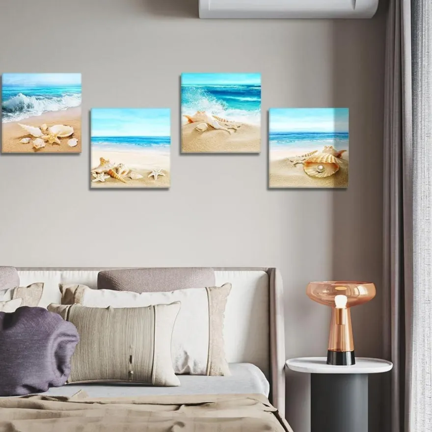 Artscope 4-teiliges Leinwandbild mit Strandmuscheln und Meer Motiv, moderner