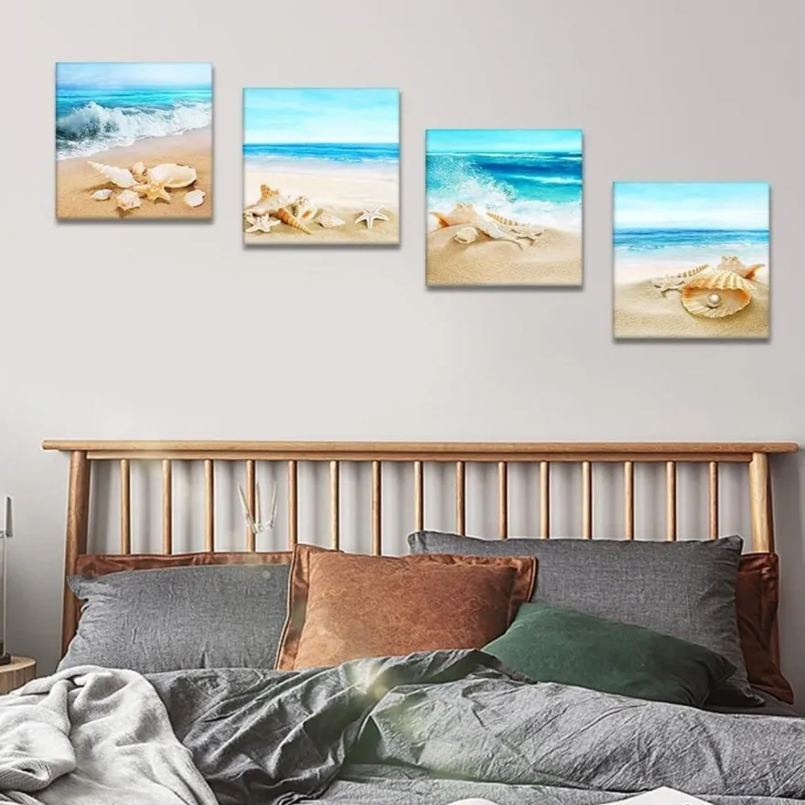 Artscope 4-teiliges Leinwandbild mit Strandmuscheln und Meer Motiv, moderner