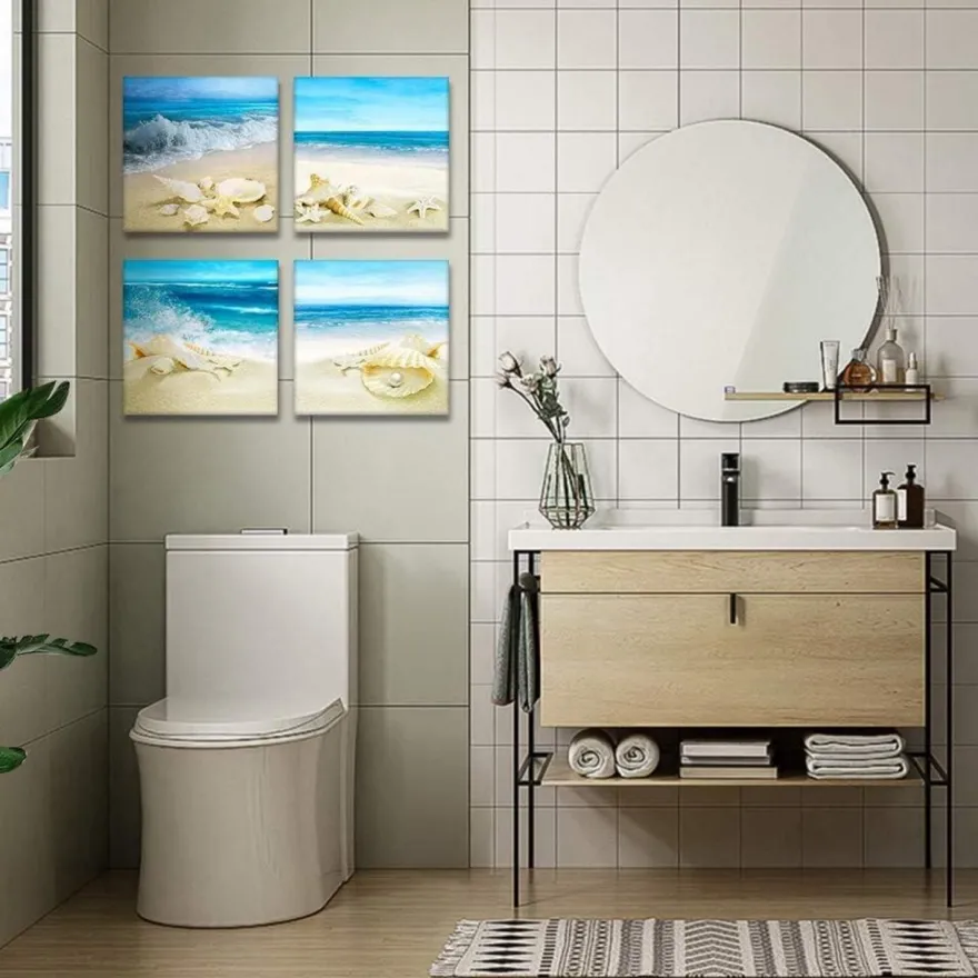 Artscope 4-teiliges Leinwandbild mit Strandmuscheln und Meer Motiv, moderner