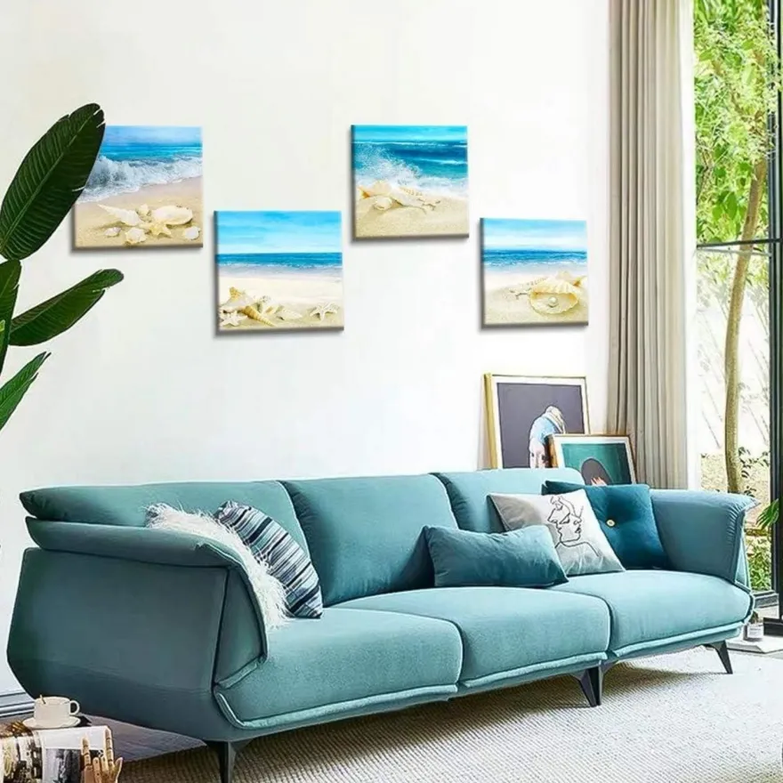 Artscope 4-teiliges Leinwandbild mit Strandmuscheln und Meer Motiv, moderner