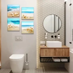Artscope 4-teiliges Leinwandbild mit Strandmuscheln und Meer Motiv, moderner