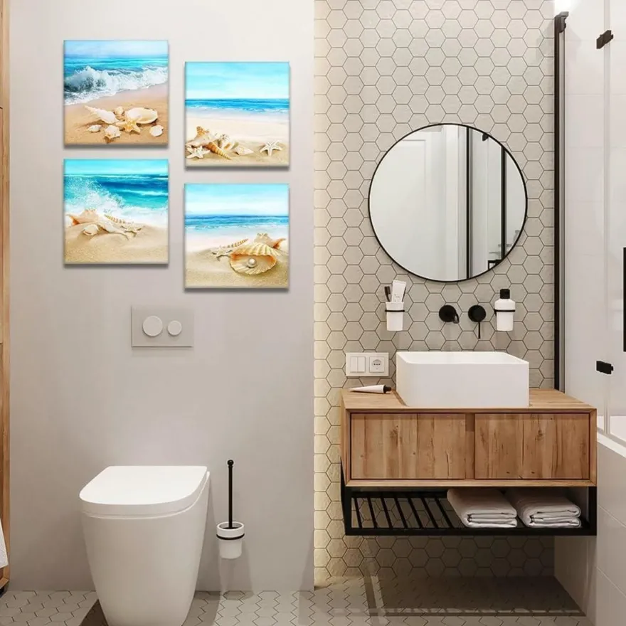 Artscope 4-teiliges Leinwandbild mit Strandmuscheln und Meer Motiv, moderner