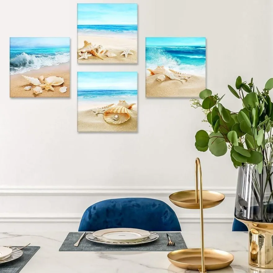 Artscope 4-teiliges Leinwandbild mit Strandmuscheln und Meer Motiv, moderner