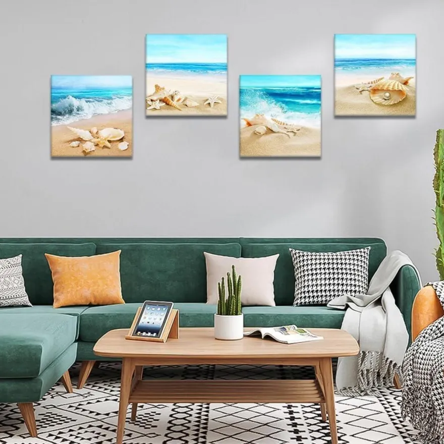 Artscope 4-teiliges Leinwandbild mit Strandmuscheln und Meer Motiv, moderner