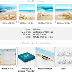 Artscope 4-teiliges Leinwandbild mit Strandmuscheln und Meer Motiv, moderner