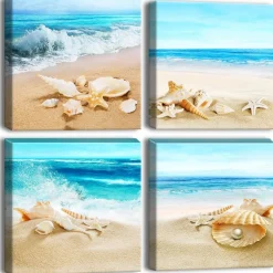 Artscope 4-teiliges Leinwandbild mit Strandmuscheln und Meer Motiv, moderner