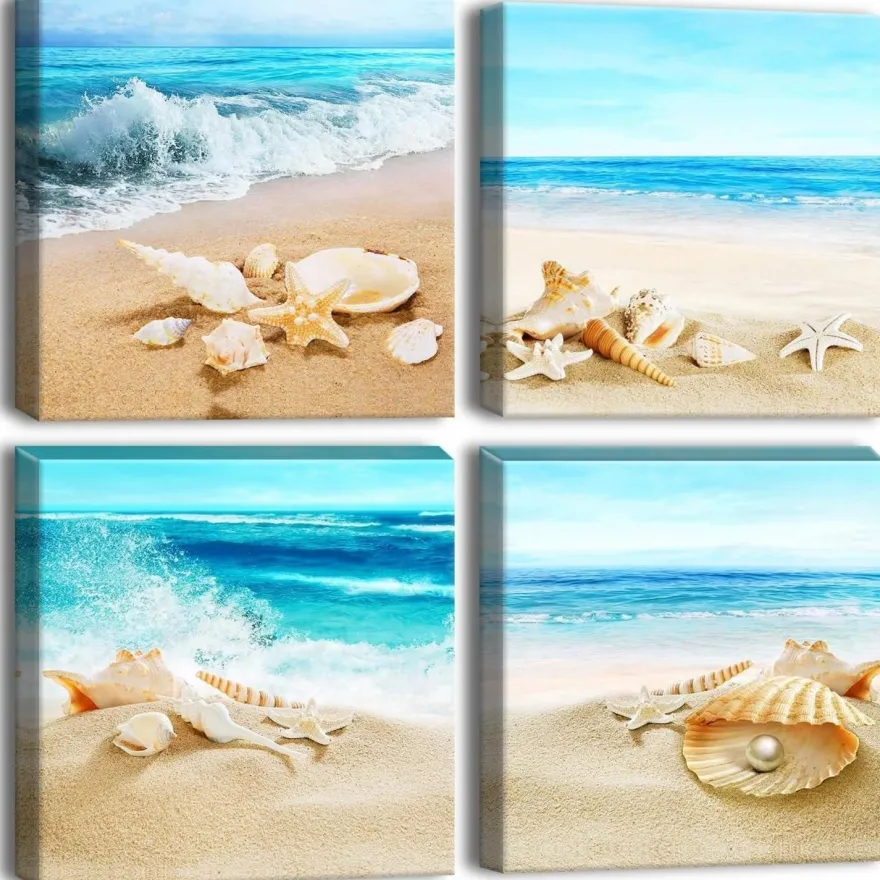 Artscope 4-teiliges Leinwandbild mit Strandmuscheln und Meer Motiv, moderner