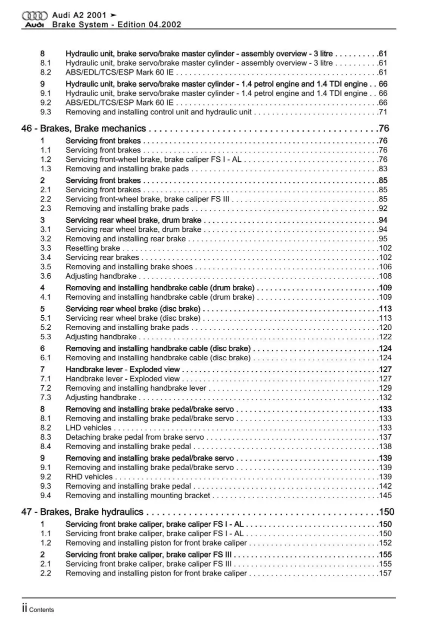 Audi A2 type 8Z 1999-2005 brake systems repair workshop manual eBook pdf