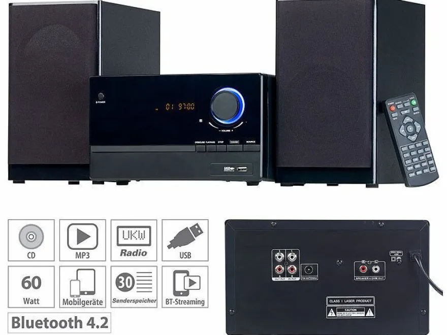 auvisio Micro-Stereoanlage, CD-Player, Radio, MP3-Player, Bluetooth, 60 Watt