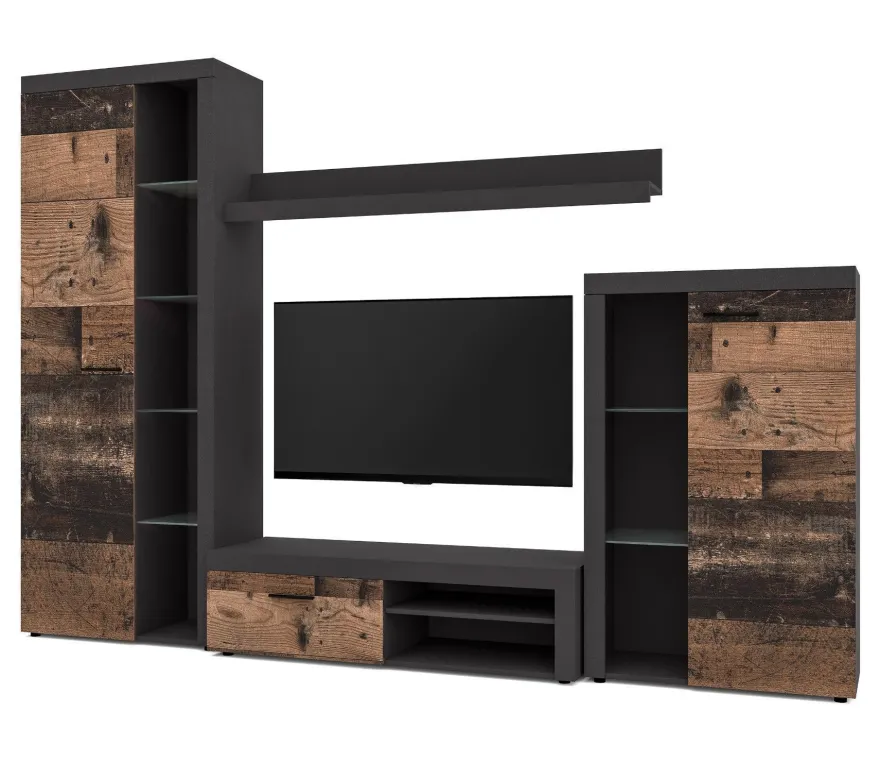 AX LIVING Spacoro Wohnwand grau modern Matera Oldwood 270 cm ohne LED