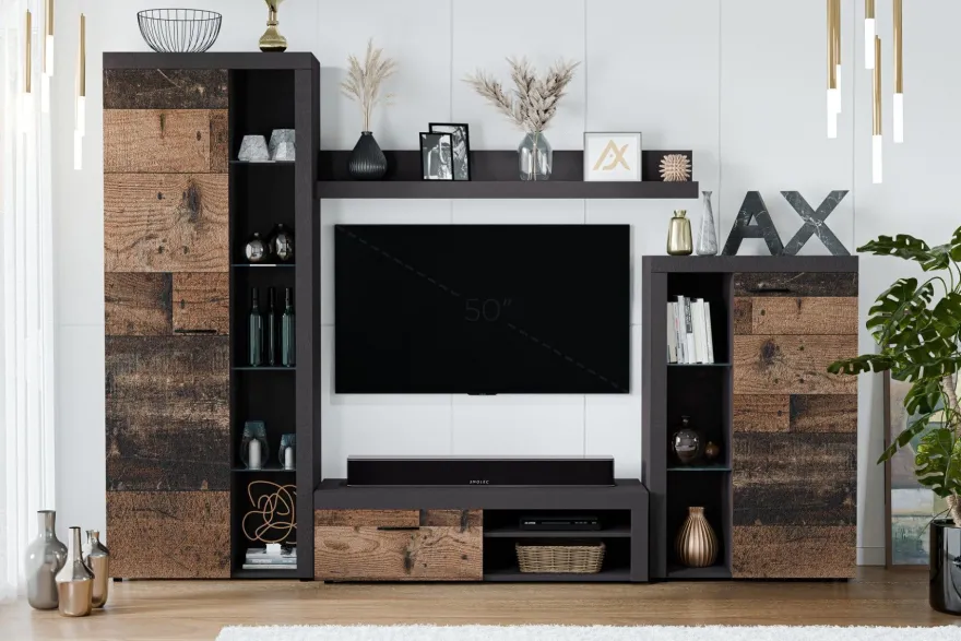 AX LIVING Spacoro Wohnwand grau modern Matera Oldwood 270 cm ohne LED