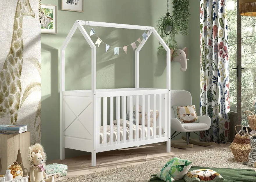 Babybett mit Dach Karyl 3-fach höhenverstellbar Kiefer massiv weiß