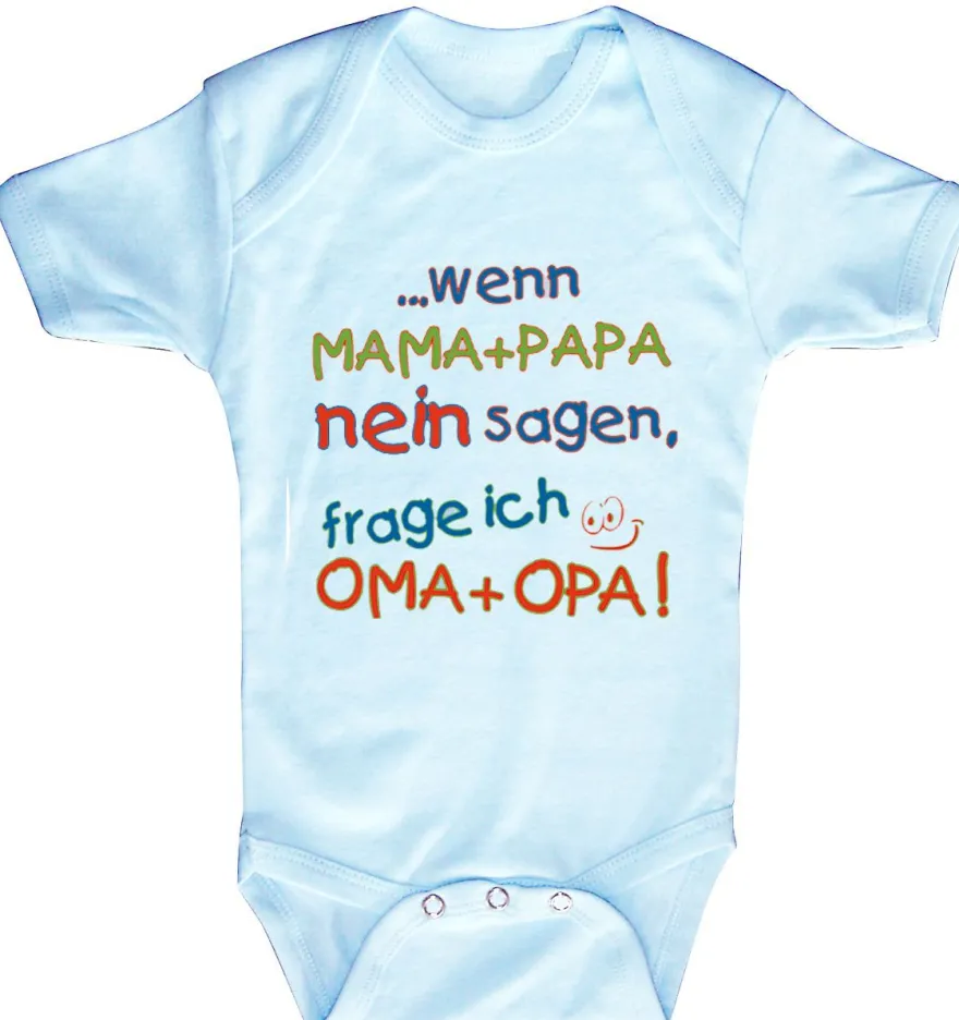 Babystrampler mit Print – Mama + Papa nein sagen, frage ich Oma + Opa - 08351 hellb