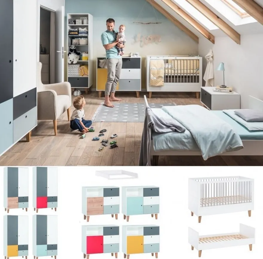 Babyzimmer Kinderzimmer Komplett COLIN Set A Schrank Wickelkommode Bett 70x140 Regal