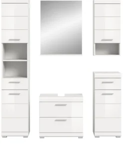 Badezimmer Badmöbel Set 5-tlg. weiß Hochglanz Badkombination Hochschrank Shawn 164 cm